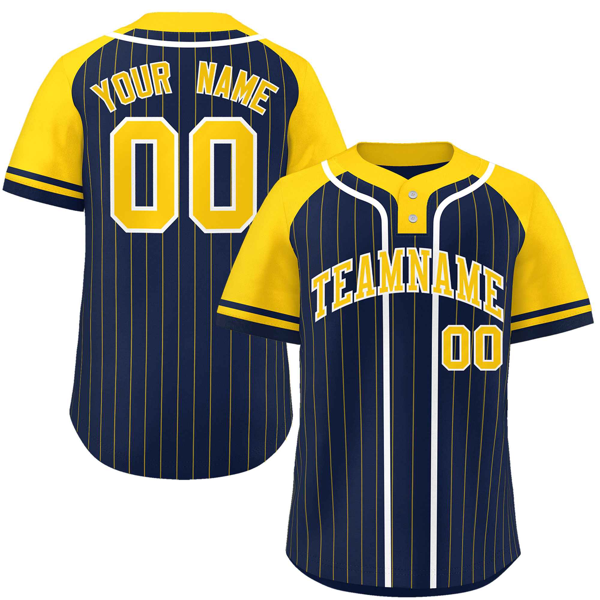 Custom Navy Gold-White Stripe Fashion Raglan Sleeves Authentic Two-Button Baseball Jersey