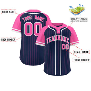 Custom Navy Pink-White Stripe Fashion Raglan Sleeves Authentic Two-Button Baseball Jersey