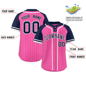 Custom Pink Navy-White Stripe Fashion Raglan Sleeves Authentic Two-Button Baseball Jersey