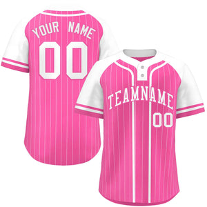 Custom Pink White Stripe Fashion Raglan Sleeves Authentic Two-Button Baseball Jersey