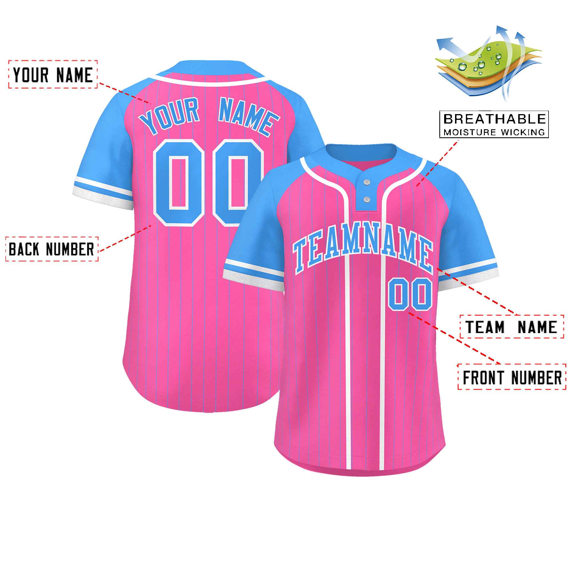 Custom Pink Powder Blue-White Stripe Fashion Raglan Sleeves Authentic Two-Button Baseball Jersey