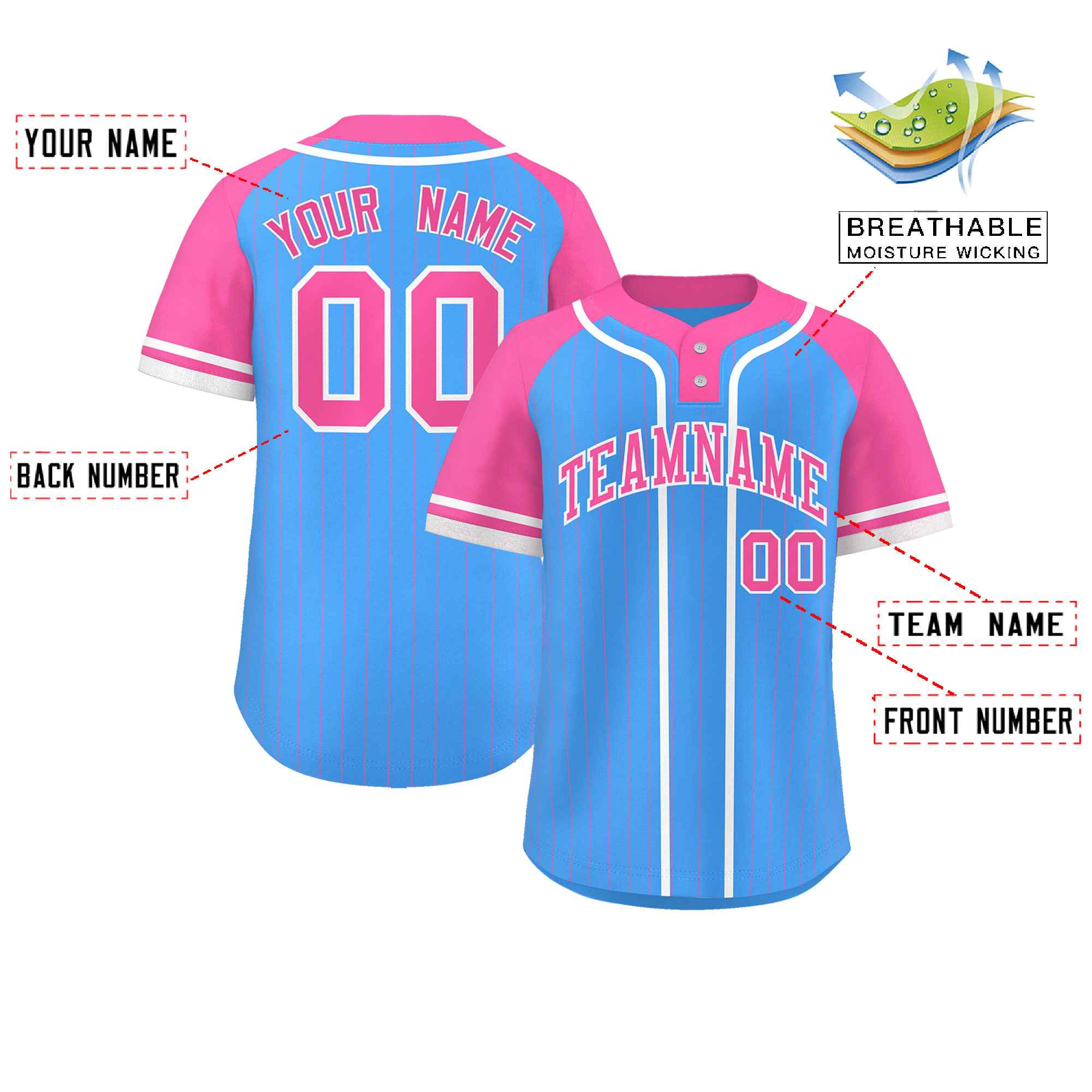 Custom Powder Blue Pink-White Stripe Fashion Raglan Sleeves Authentic Two-Button Baseball Jersey