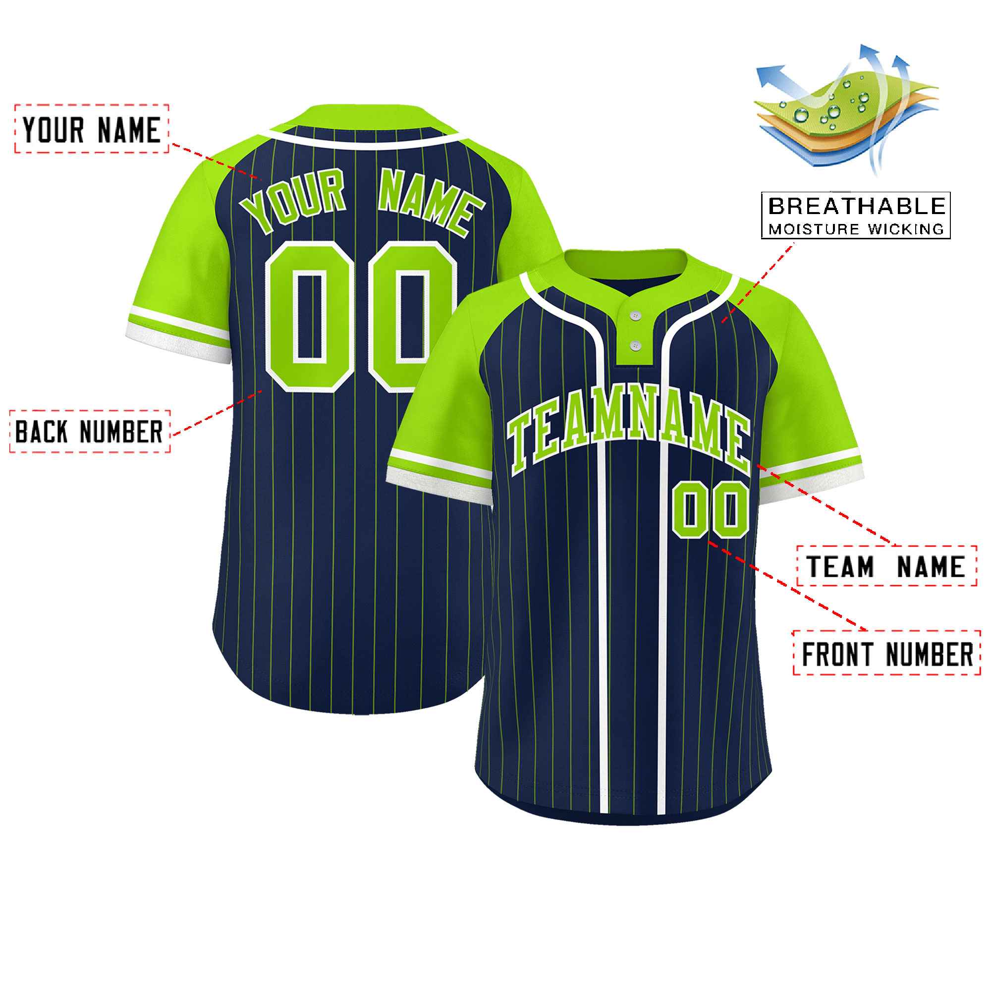 Custom Navy Neon Green-White Stripe Fashion Raglan Sleeves Authentic Two-Button Baseball Jersey