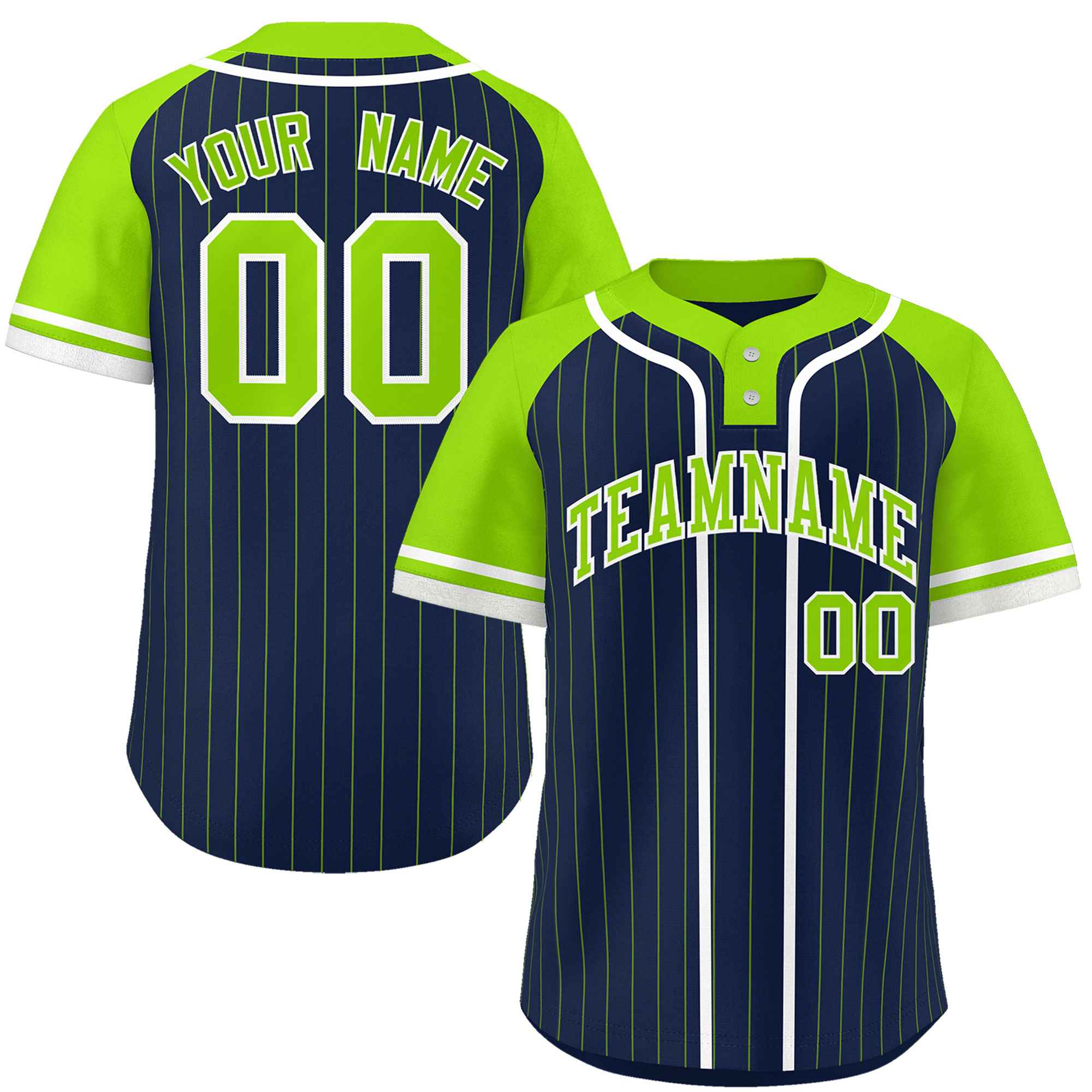 Custom Navy Neon Green-White Stripe Fashion Raglan Sleeves Authentic Two-Button Baseball Jersey