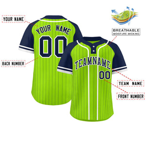 Custom Neon Green Navy-White Stripe Fashion Raglan Sleeves Authentic Two-Button Baseball Jersey