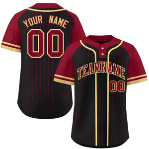 Custom Black Crimson-Khaki Stripe Fashion Raglan Sleeves Authentic Two-Button Baseball Jersey