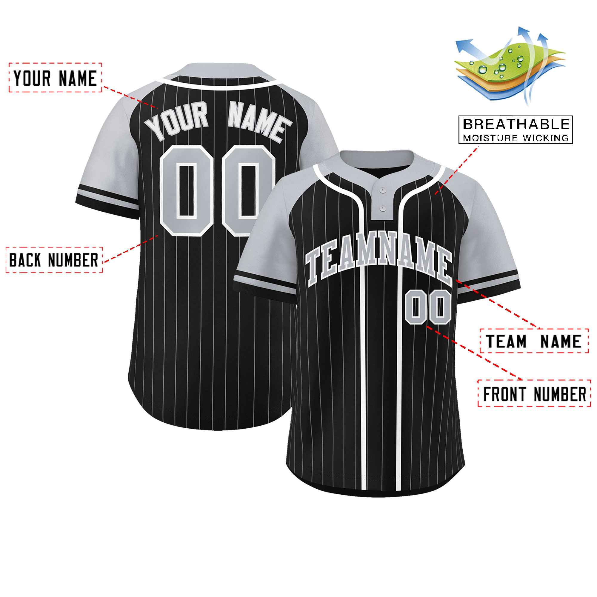 Custom Black Gray-White Stripe Fashion Raglan Sleeves Authentic Two-Button Baseball Jersey