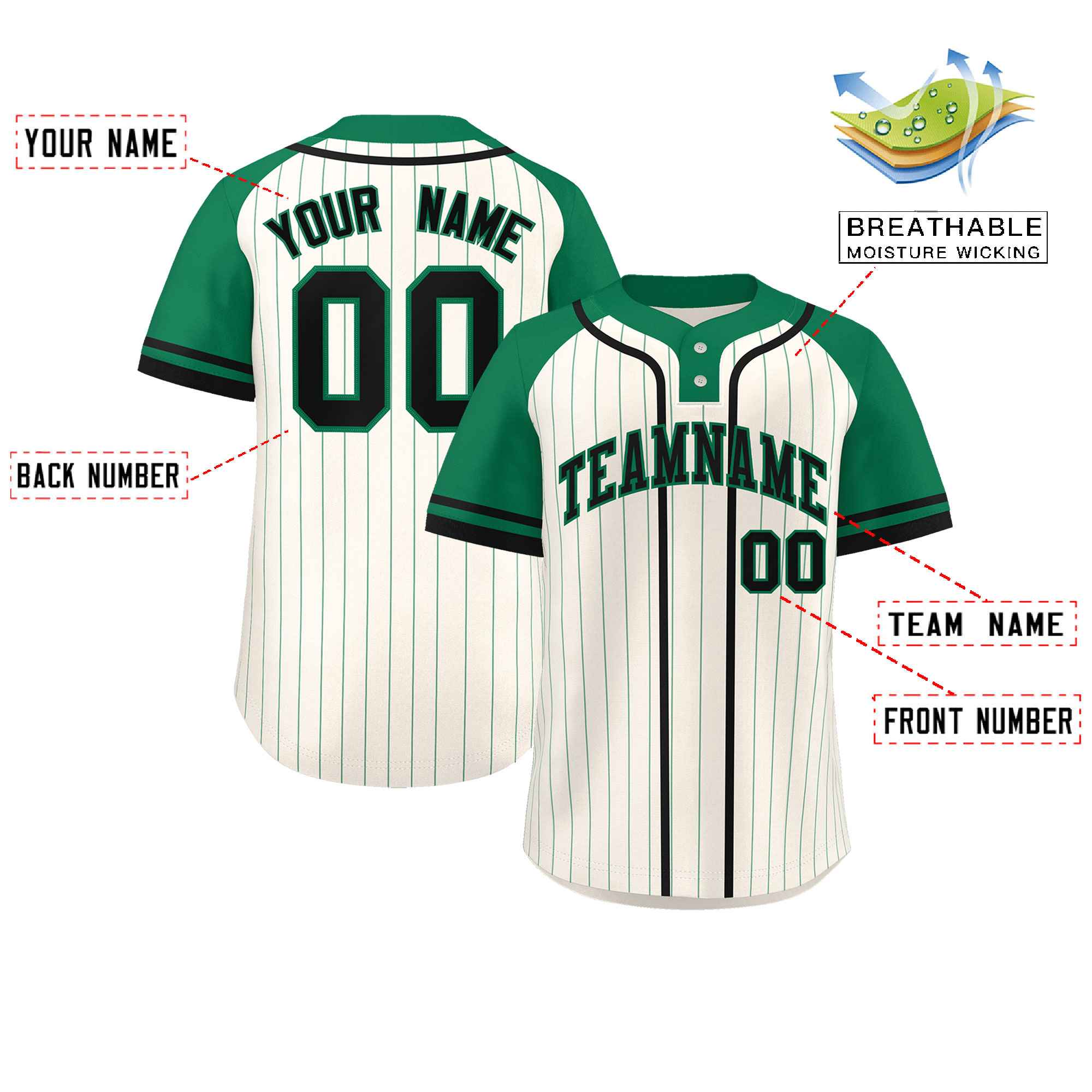 Custom Cream Kelly Green-Black Stripe Fashion Raglan Sleeves Authentic Two-Button Baseball Jersey