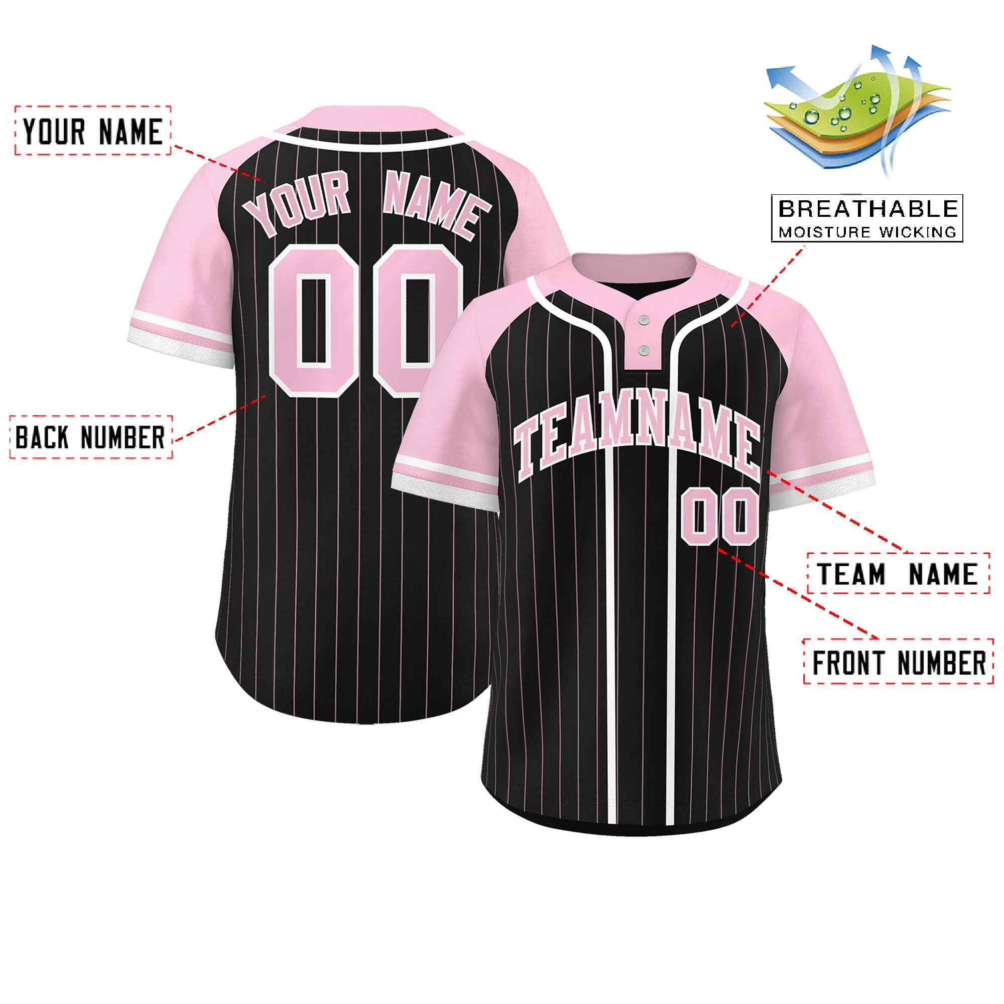 Custom Black Light Pink-White Stripe Fashion Raglan Sleeves Authentic Two-Button Baseball Jersey