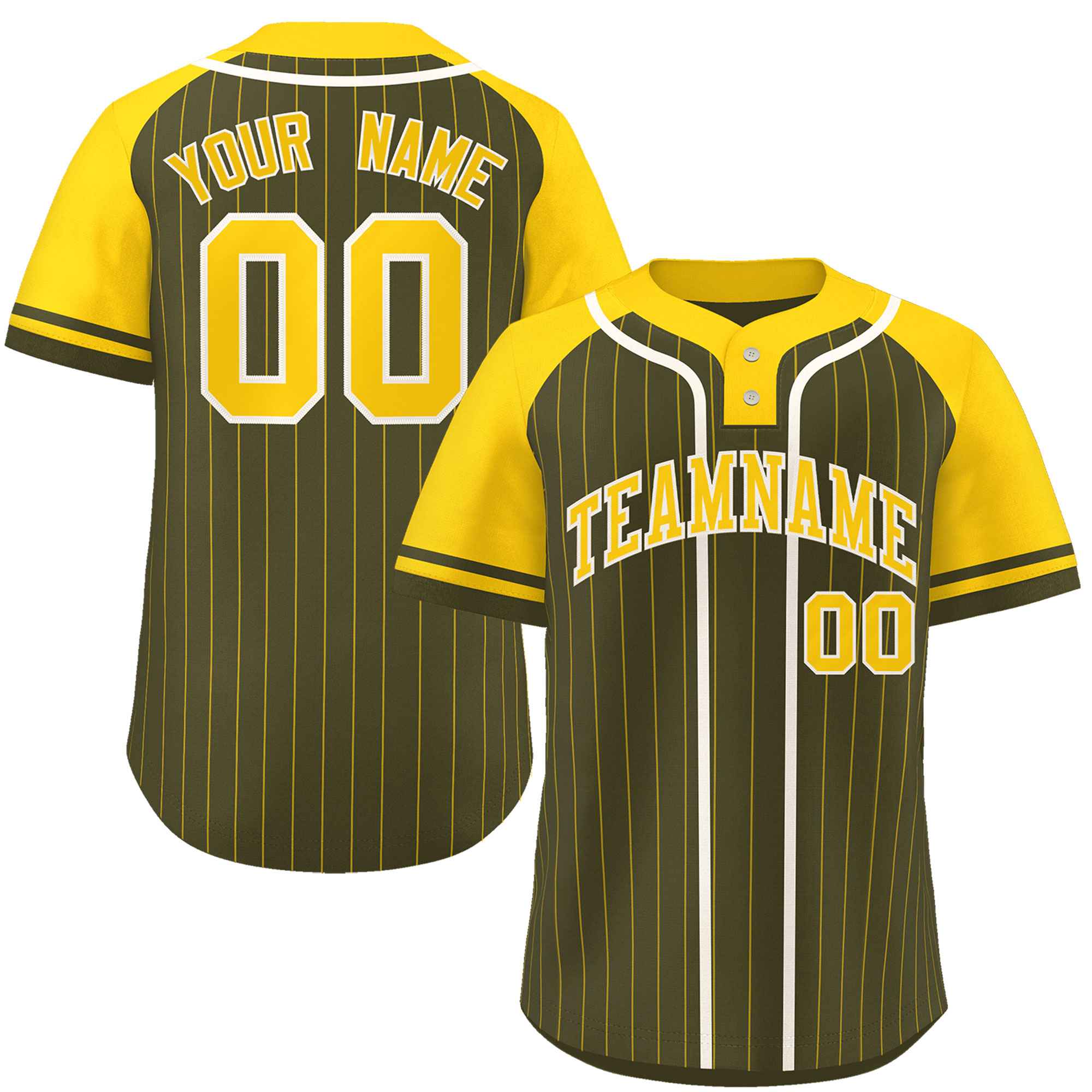 Custom Olive Gold-White Stripe Fashion Raglan Sleeves Authentic Two-Button Baseball Jersey