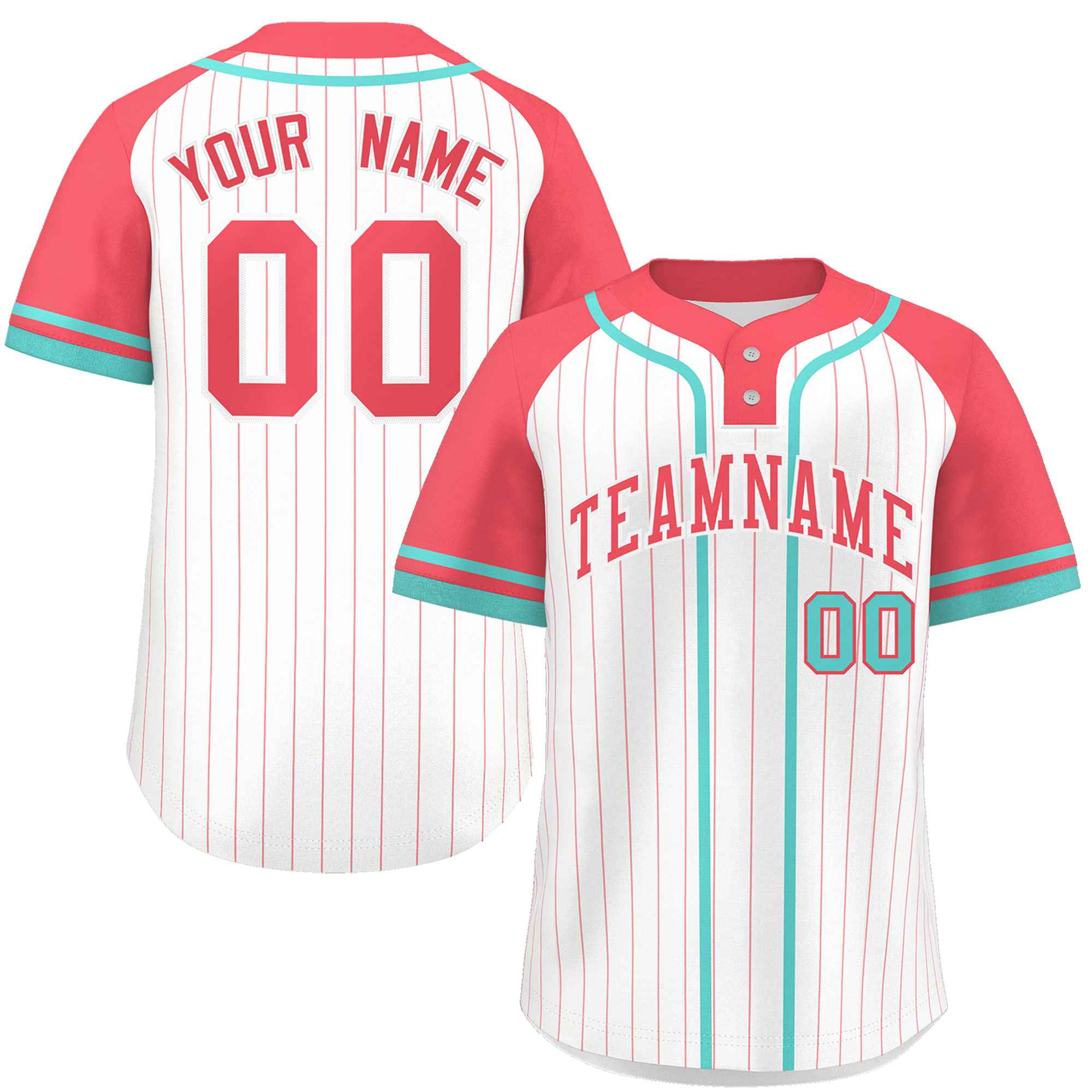 Custom White Light Red-Aqua Stripe Fashion Raglan Sleeves Authentic Two-Button Baseball Jersey