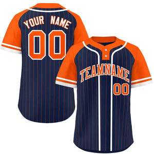 Custom Navy Orange-White Stripe Fashion Raglan Sleeves Authentic Two-Button Baseball Jersey