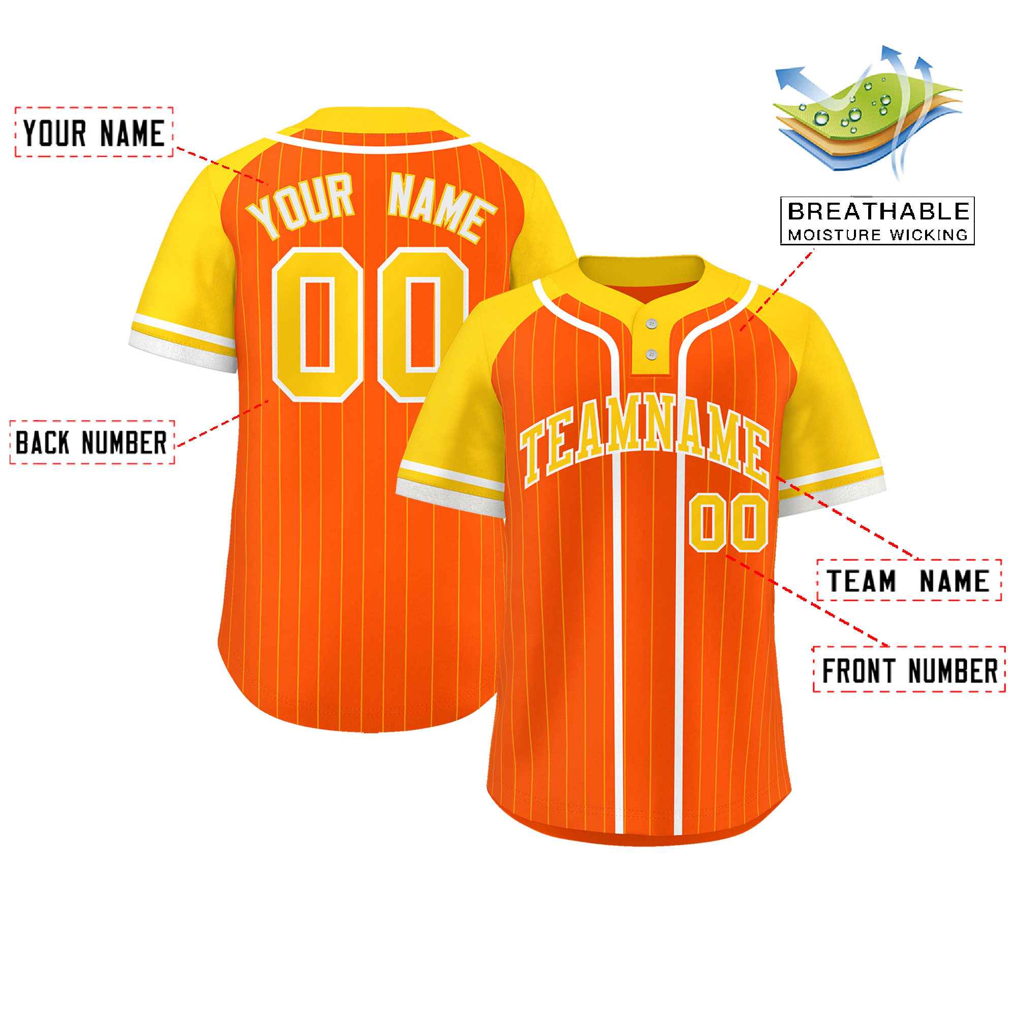 Custom Orange Gold-White Stripe Fashion Raglan Sleeves Authentic Two-Button Baseball Jersey