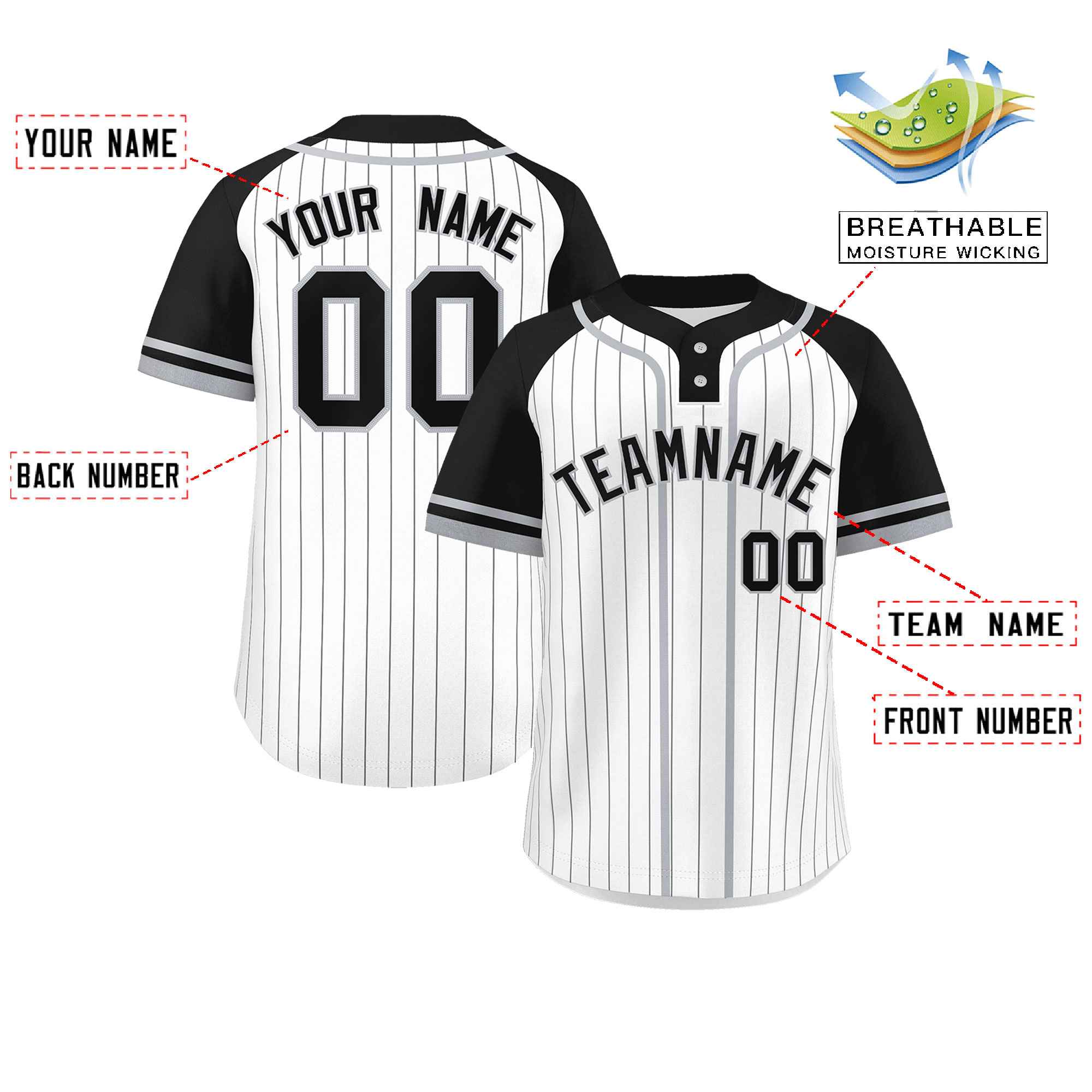 Custom White Black-Gray Stripe Fashion Raglan Sleeves Authentic Two-Button Baseball Jersey