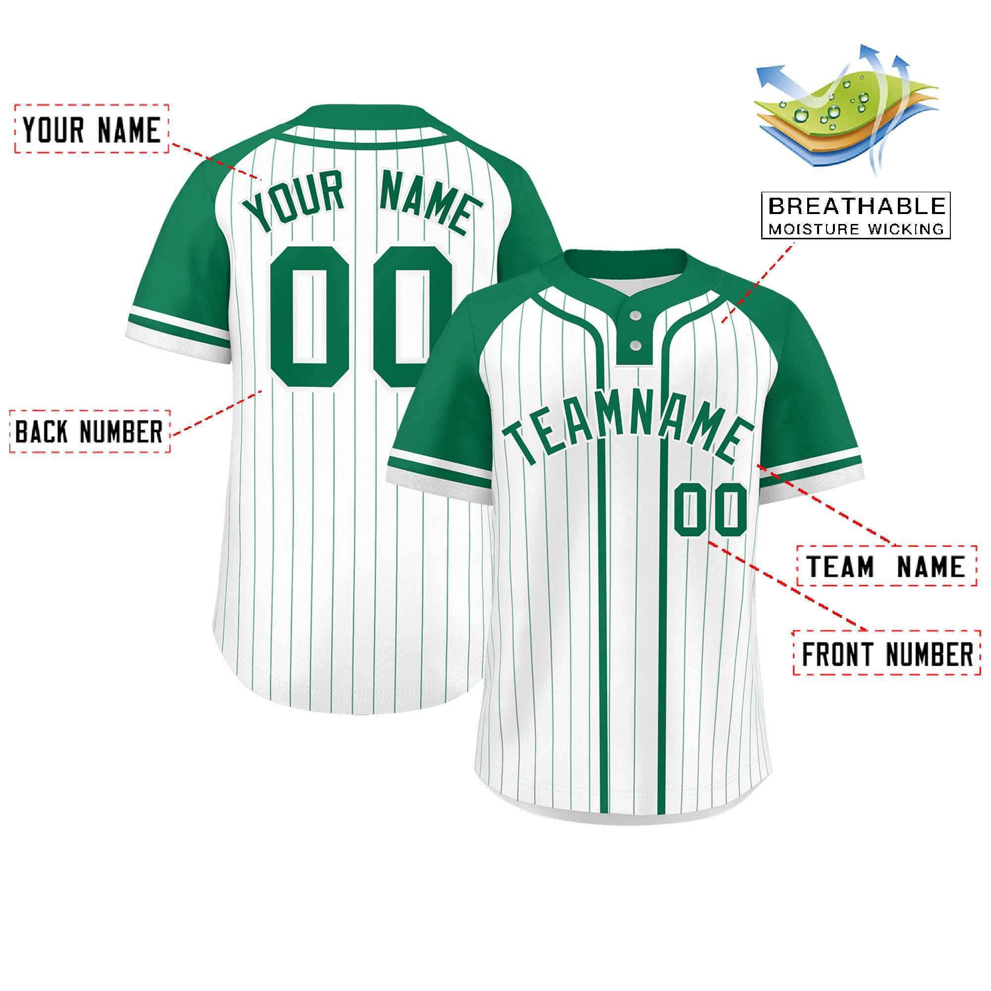 Custom White Kelly Green Stripe Fashion Raglan Sleeves Authentic Two-Button Baseball Jersey