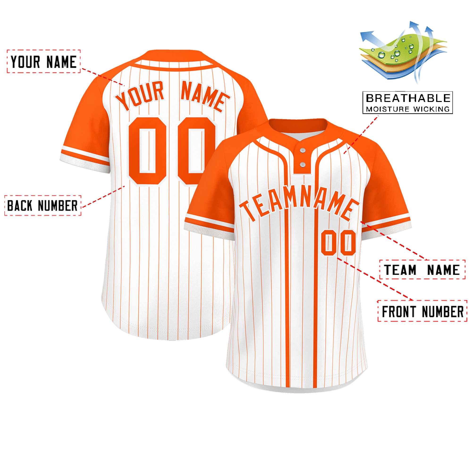 Custom White Orange Stripe Fashion Raglan Sleeves Authentic Two-Button Baseball Jersey