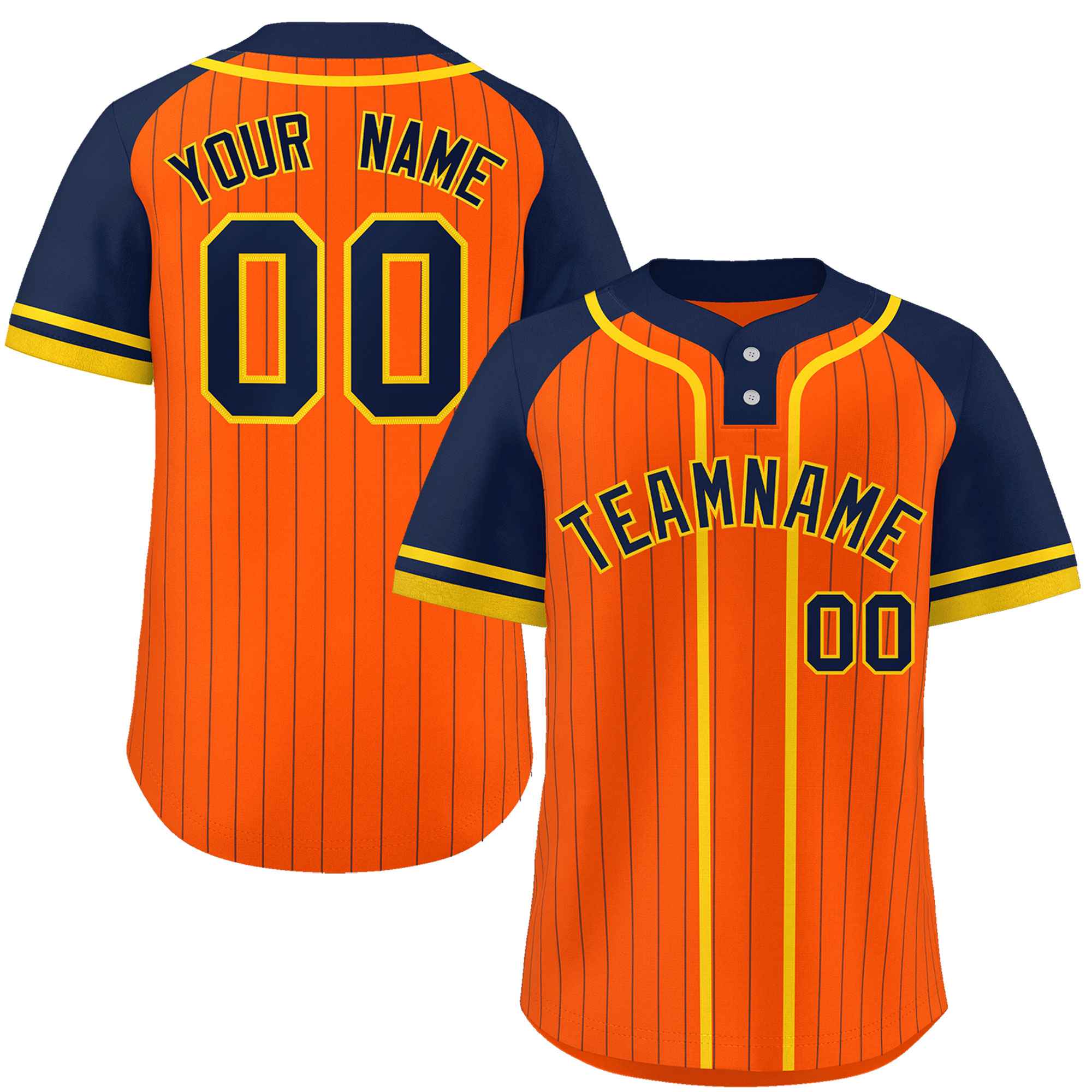 Custom Orange Navy-Gold Stripe Fashion Raglan Sleeves Authentic Two-Button Baseball Jersey