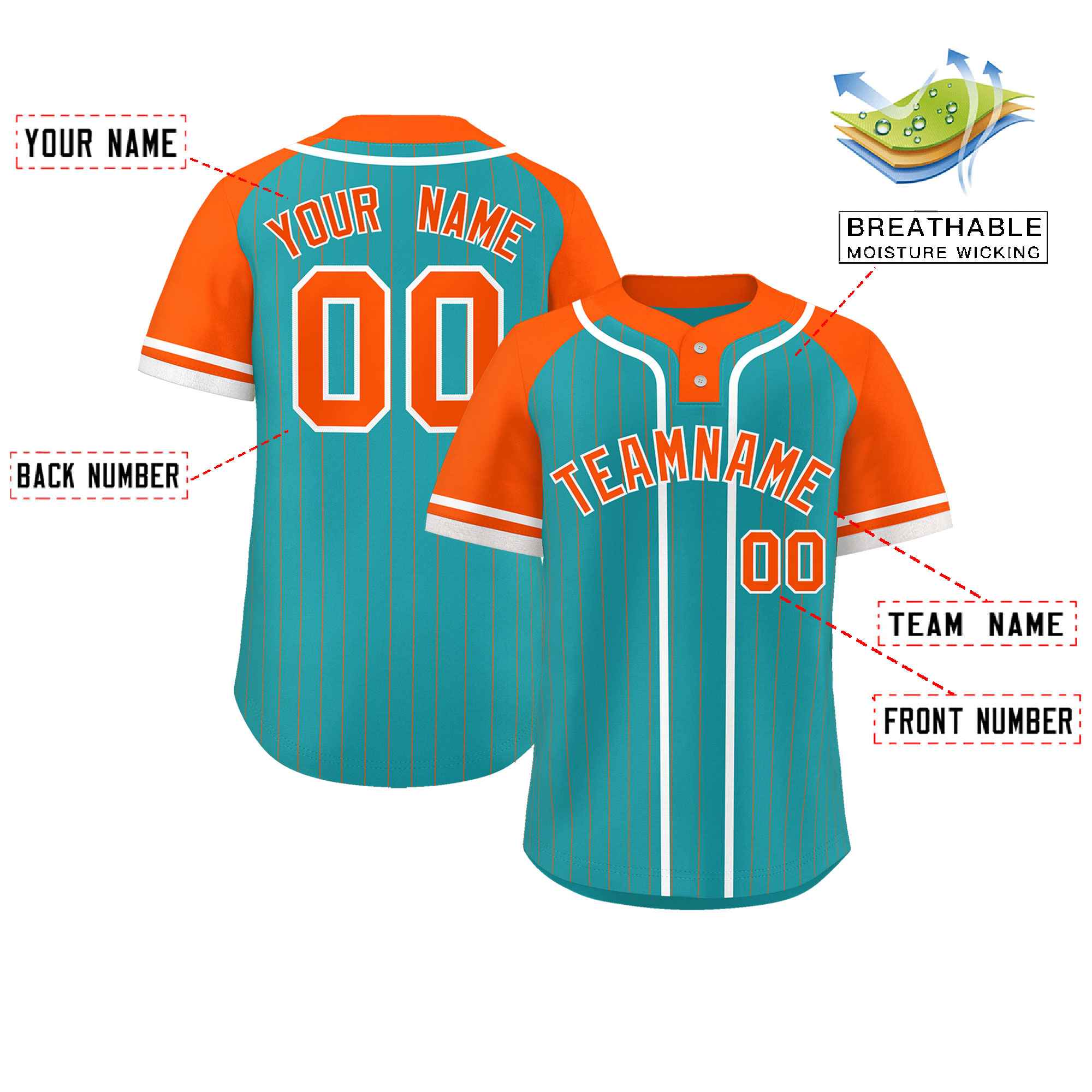 Custom Aqua Orange-White Stripe Fashion Raglan Sleeves Authentic Two-Button Baseball Jersey