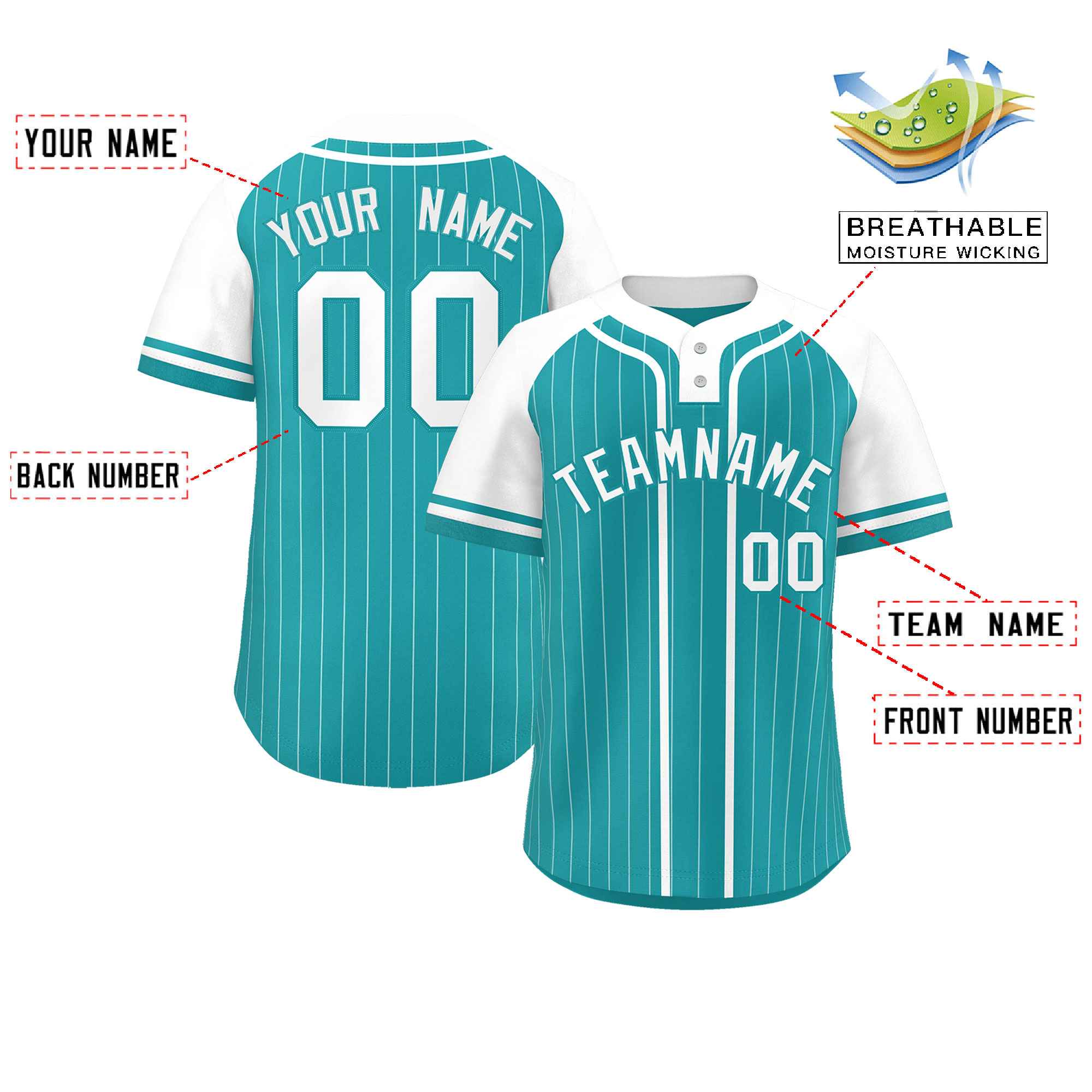 Custom Aqua White Stripe Fashion Raglan Sleeves Authentic Two-Button Baseball Jersey