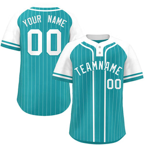 Custom Aqua White Stripe Fashion Raglan Sleeves Authentic Two-Button Baseball Jersey