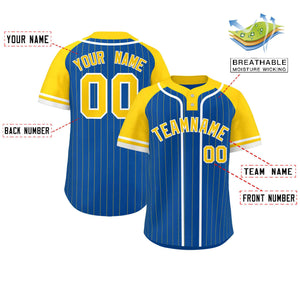 Custom Royal Gold-White Stripe Fashion Raglan Sleeves Authentic Two-Button Baseball Jersey