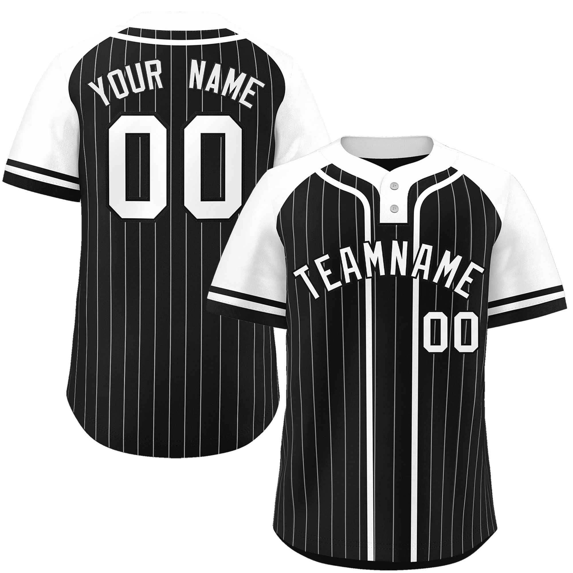 Custom Black White Stripe Fashion Raglan Sleeves Authentic Two-Button Baseball Jersey