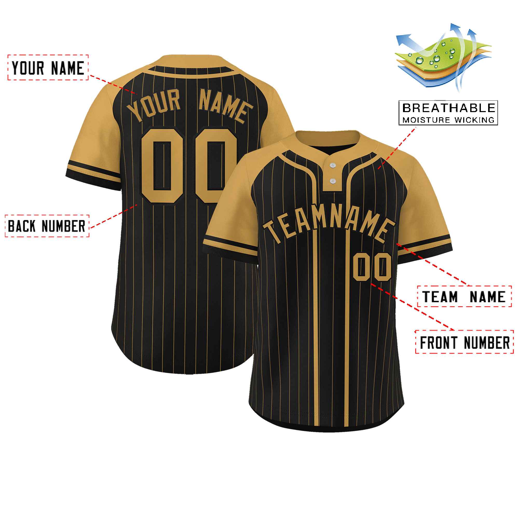 Custom Black Old Gold Stripe Fashion Raglan Sleeves Authentic Two-Button Baseball Jersey