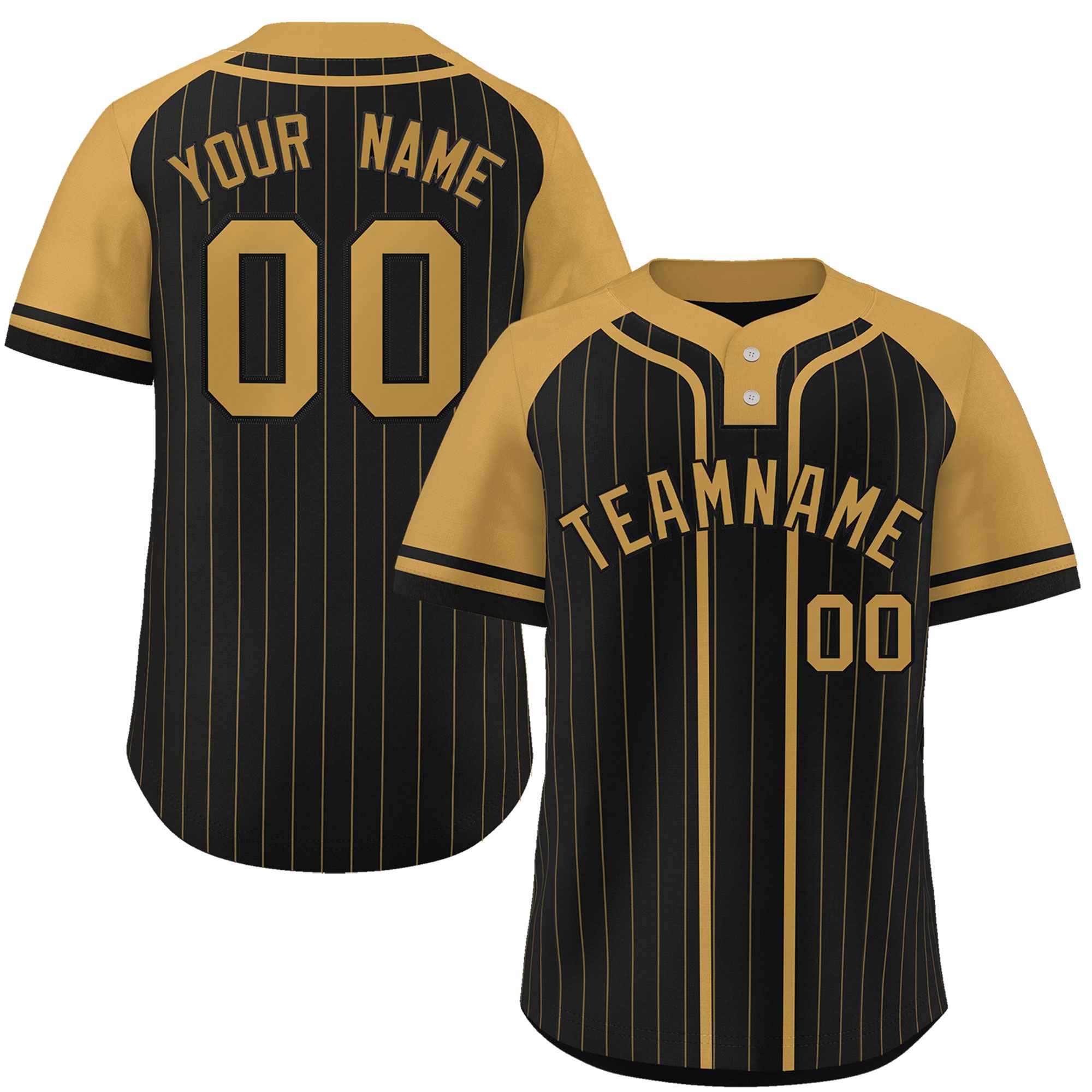 Custom Black Old Gold Stripe Fashion Raglan Sleeves Authentic Two-Button Baseball Jersey