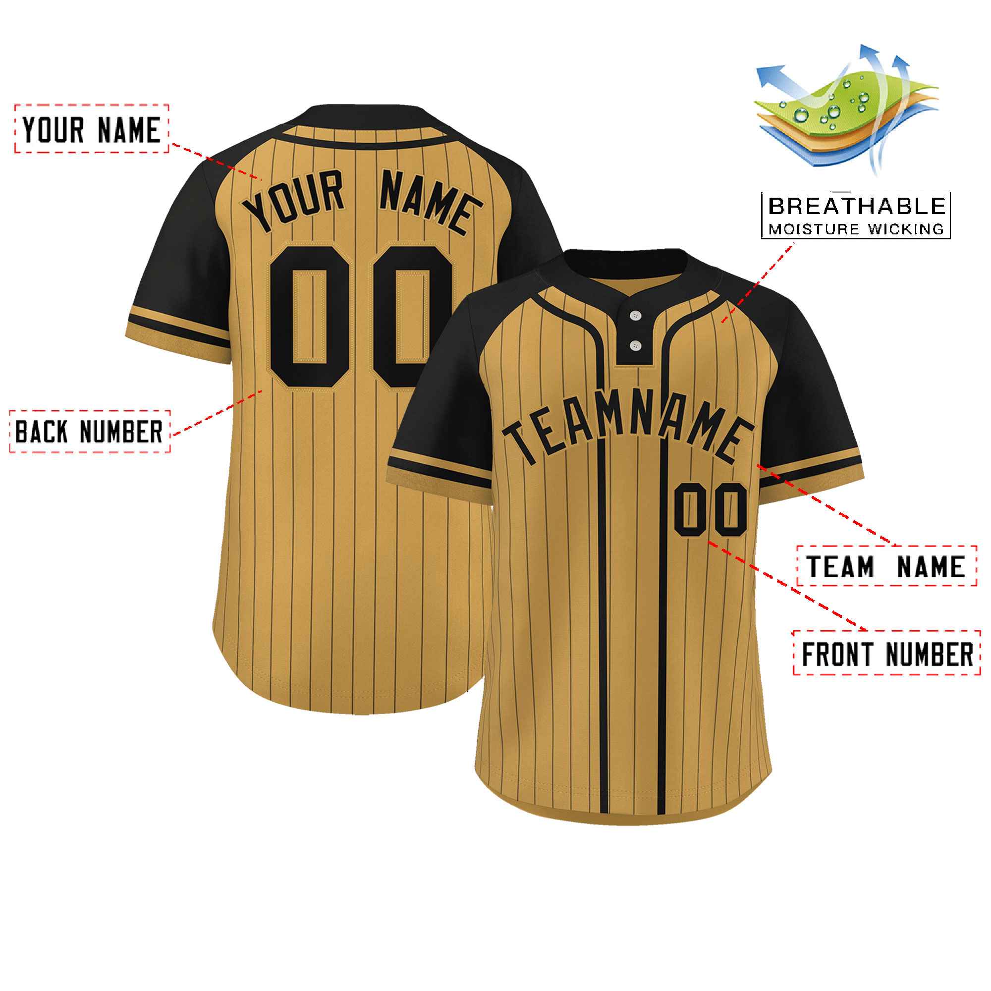 Custom Old Gold Black Stripe Fashion Raglan Sleeves Authentic Two-Button Baseball Jersey