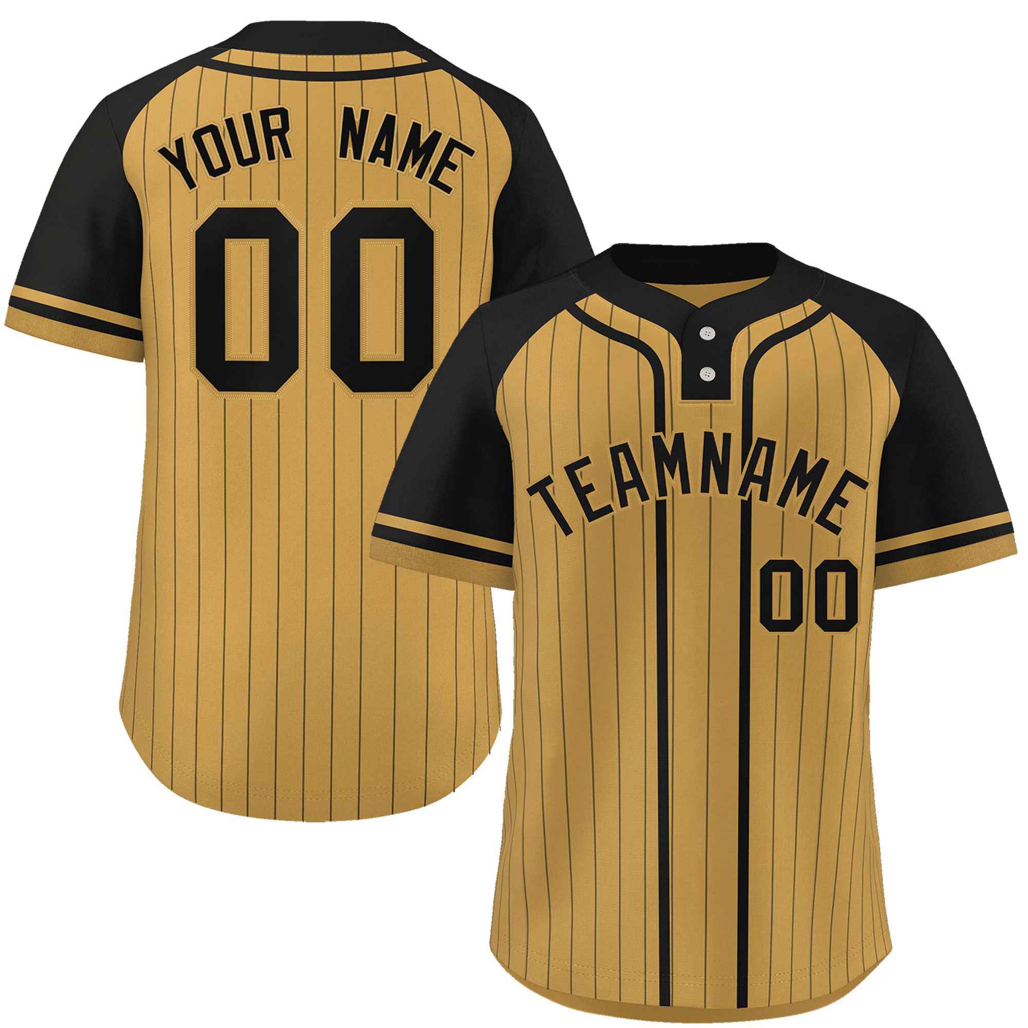 Custom Old Gold Black Stripe Fashion Raglan Sleeves Authentic Two-Button Baseball Jersey