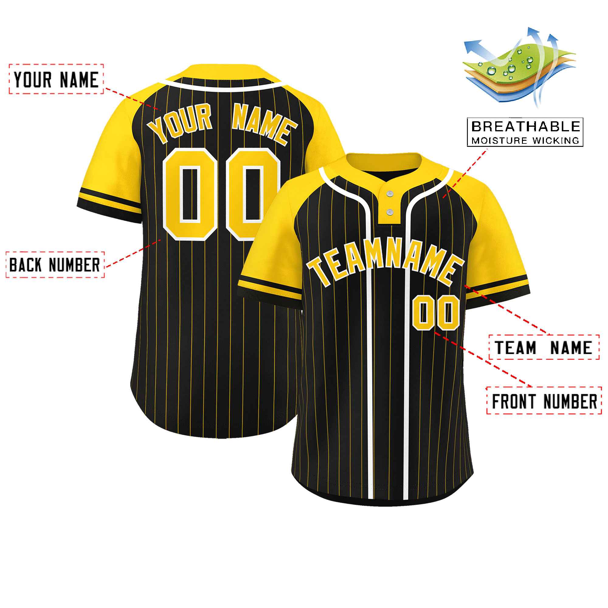 Custom Black Gold-White Stripe Fashion Raglan Sleeves Authentic Two-Button Baseball Jersey