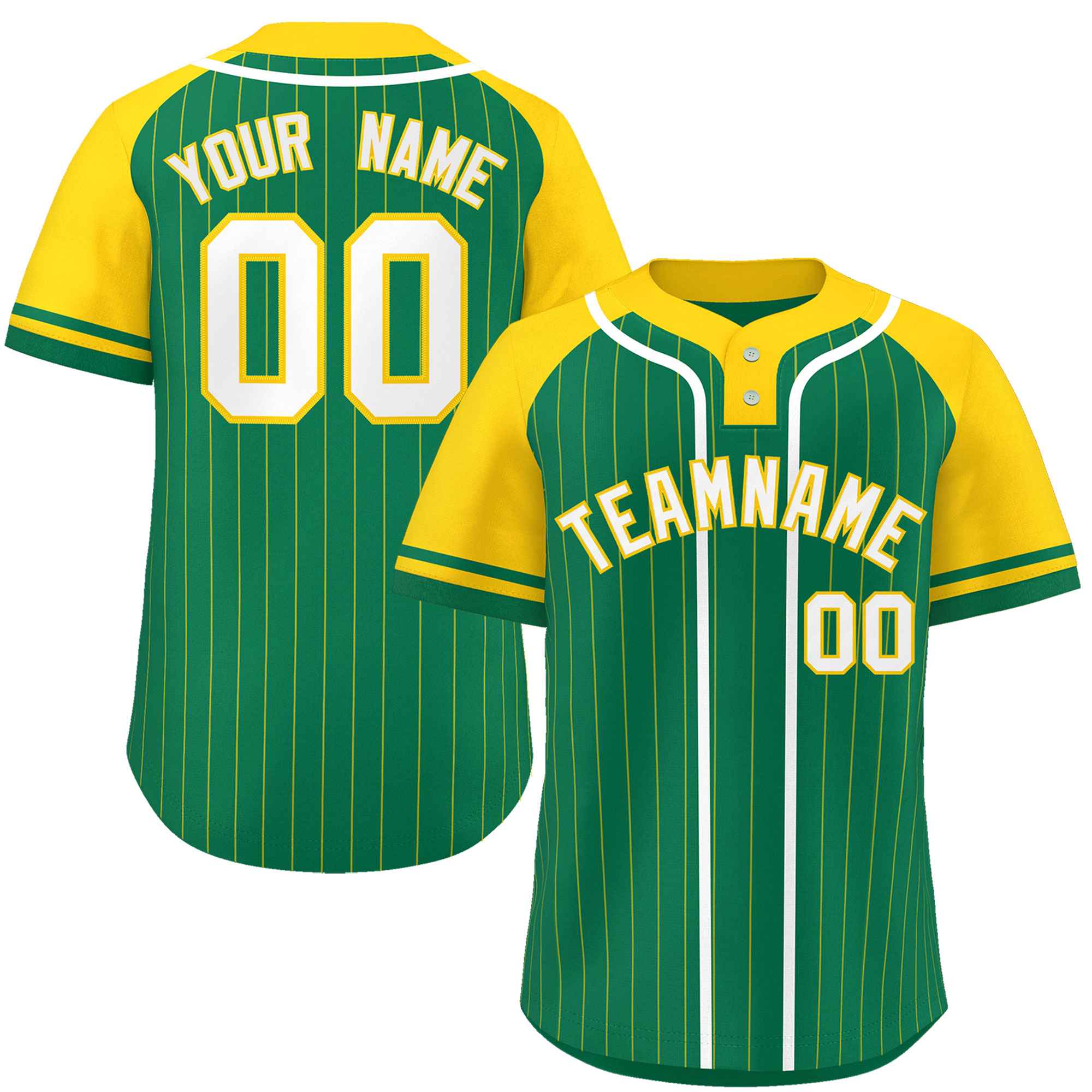 Custom Kelly Green Gold-White Stripe Fashion Raglan Sleeves Authentic Two-Button Baseball Jersey