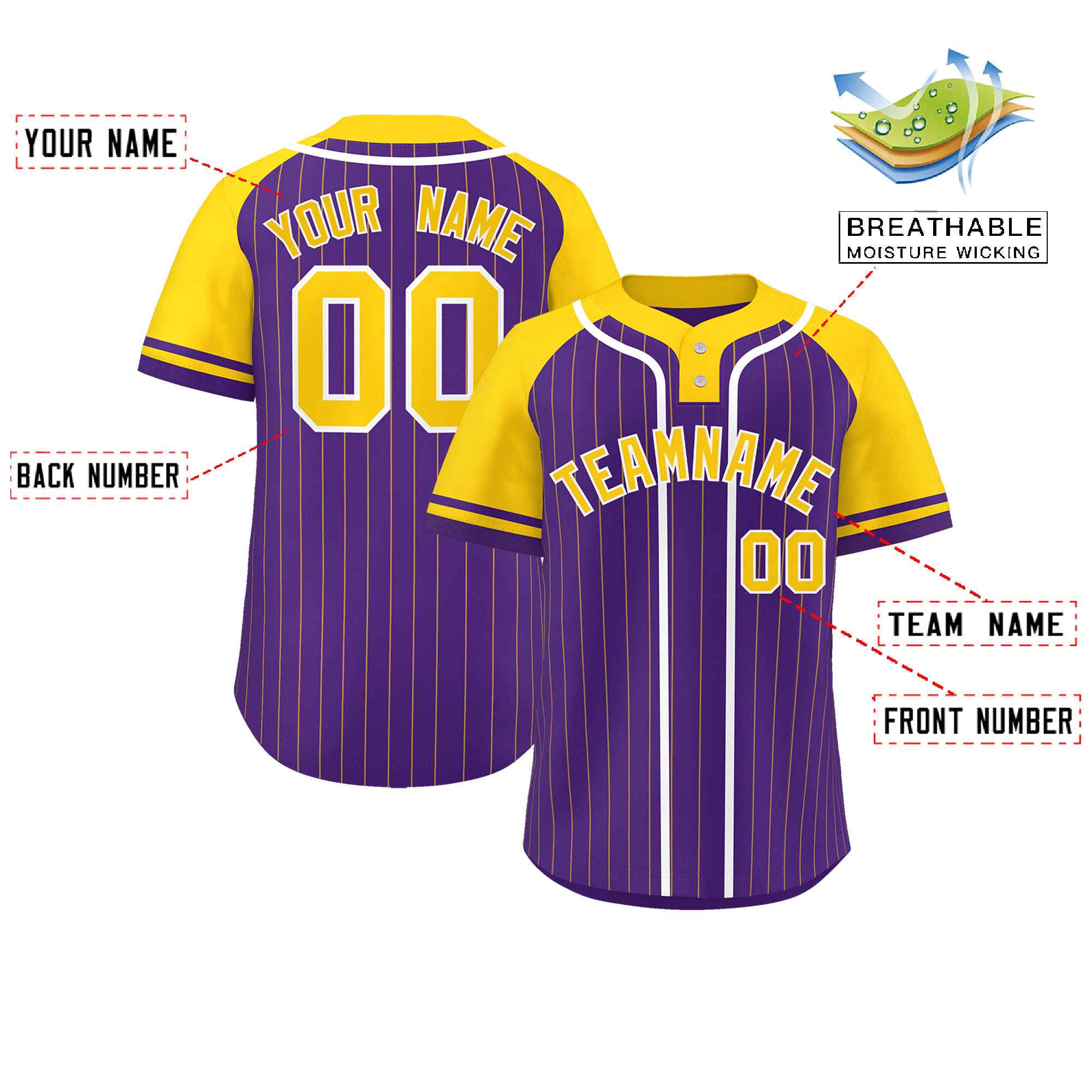 Custom Purple Gold-White Stripe Fashion Raglan Sleeves Authentic Two-Button Baseball Jersey