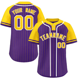 Custom Purple Gold-White Stripe Fashion Raglan Sleeves Authentic Two-Button Baseball Jersey