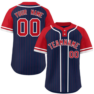 Custom Navy Red-White Stripe Fashion Raglan Sleeves Authentic Two-Button Baseball Jersey