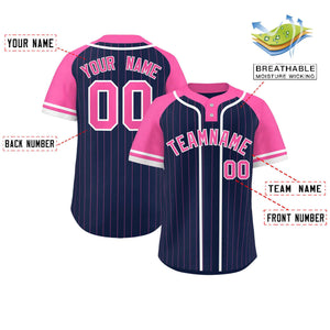 Custom Navy Pink-White Stripe Fashion Raglan Sleeves Authentic Two-Button Baseball Jersey