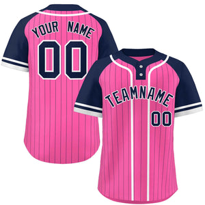 Custom Pink Navy-White Stripe Fashion Raglan Sleeves Authentic Two-Button Baseball Jersey