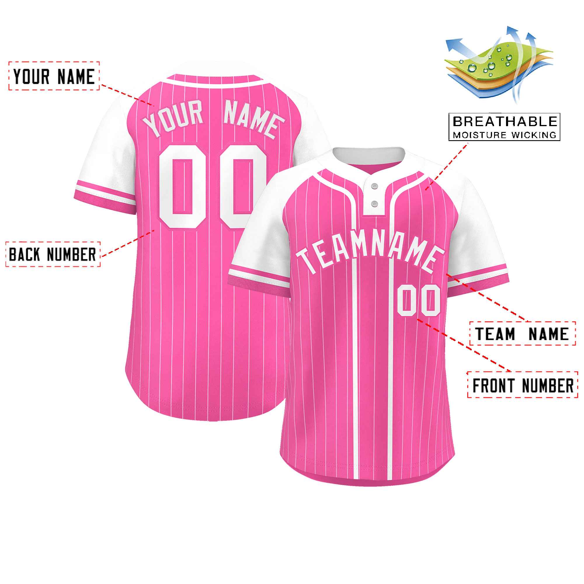 Custom Pink White Stripe Fashion Raglan Sleeves Authentic Two-Button Baseball Jersey