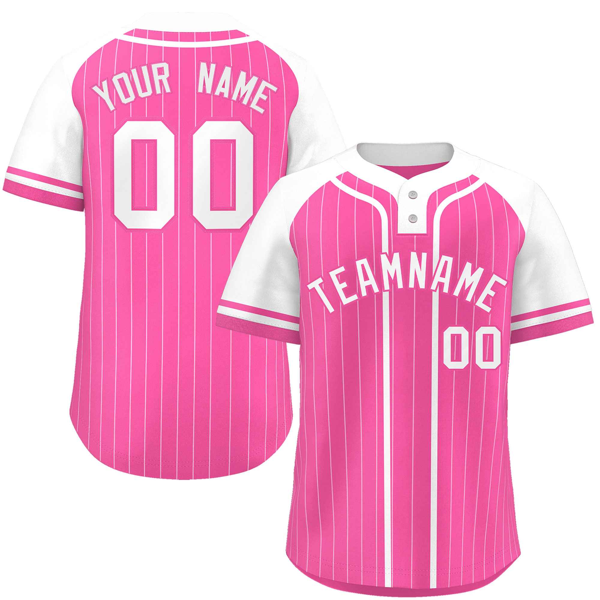 Custom Pink White Stripe Fashion Raglan Sleeves Authentic Two-Button Baseball Jersey