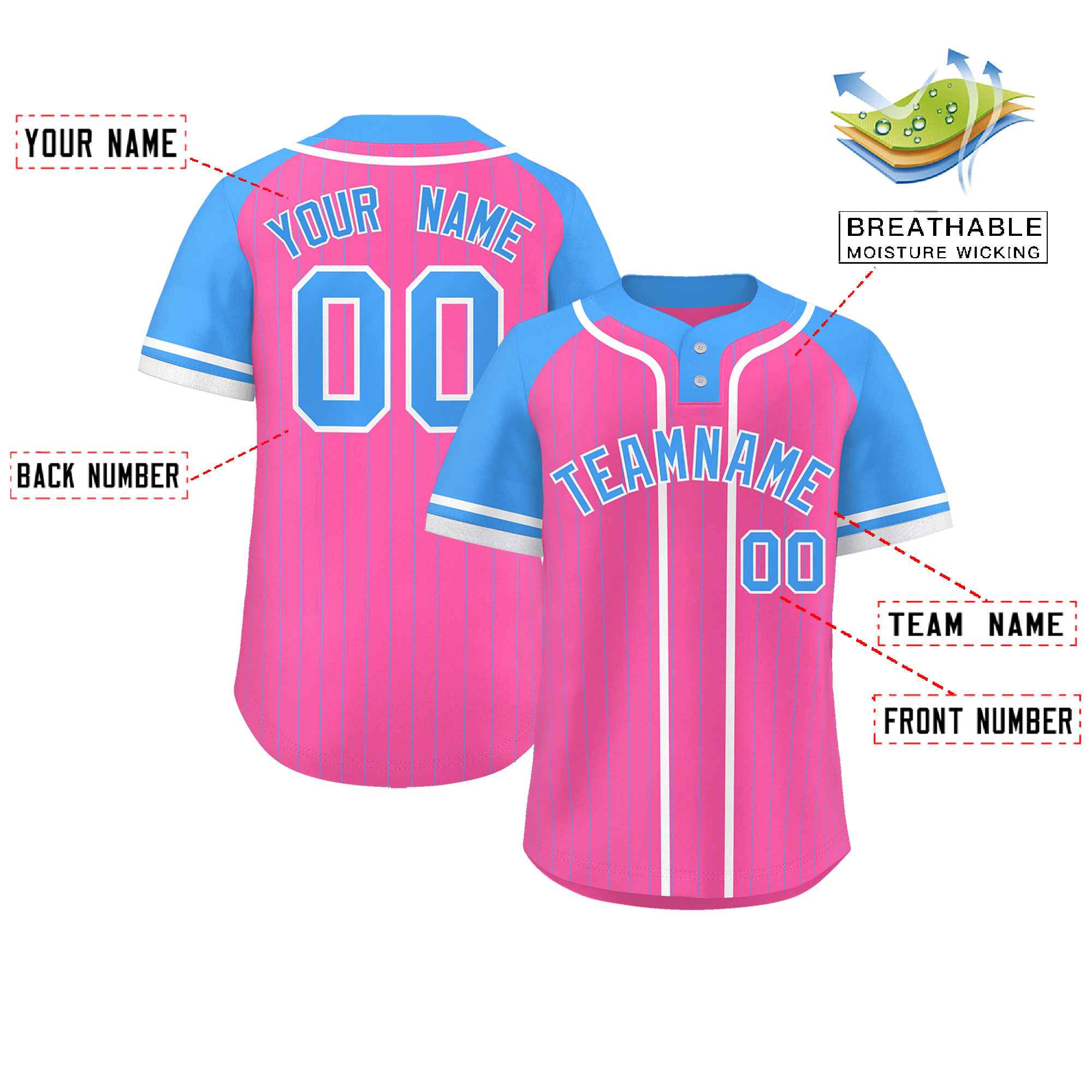 Custom Pink Powder Blue-White Stripe Fashion Raglan Sleeves Authentic Two-Button Baseball Jersey