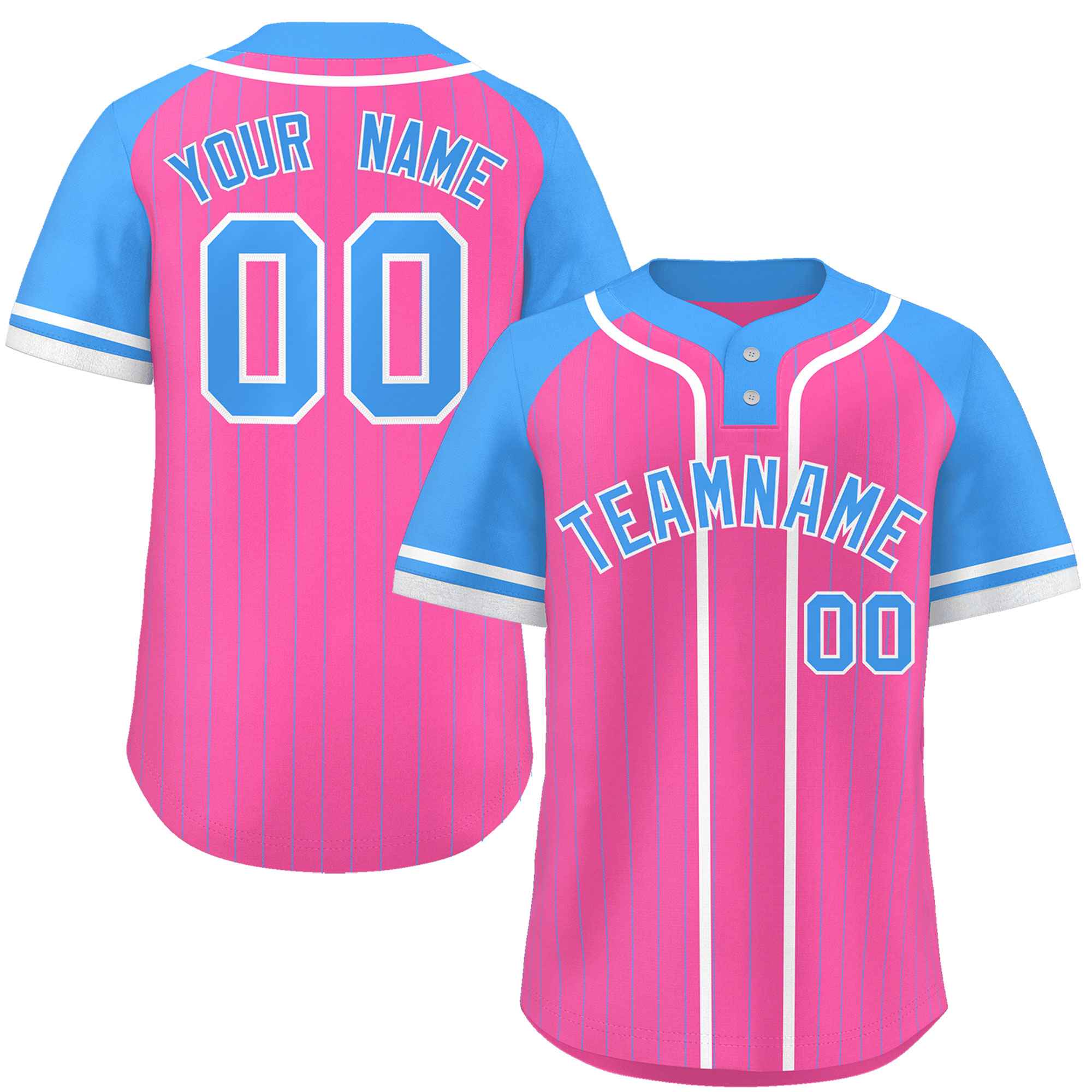 Custom Pink Powder Blue-White Stripe Fashion Raglan Sleeves Authentic Two-Button Baseball Jersey