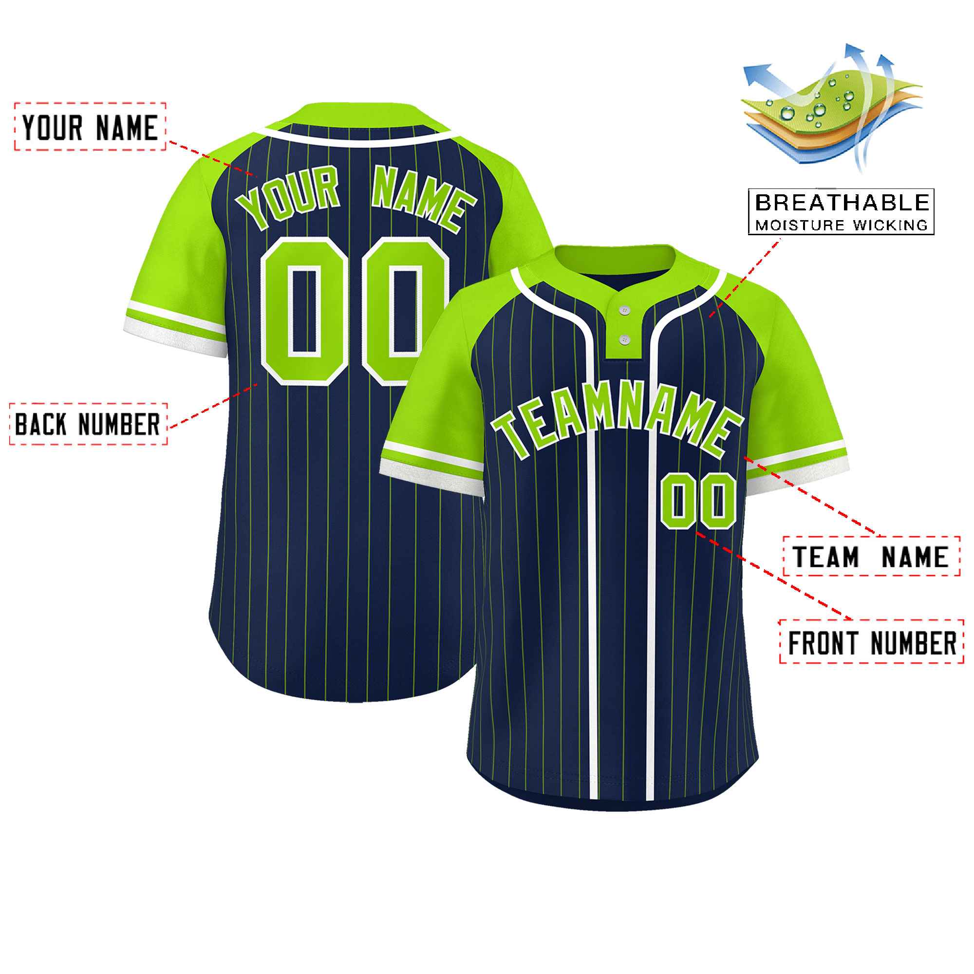 Custom Navy Neon Green-White Stripe Fashion Raglan Sleeves Authentic Two-Button Baseball Jersey