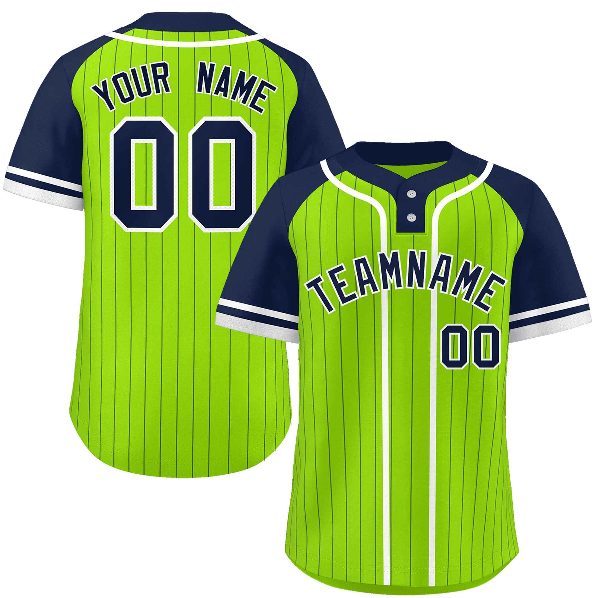 Custom Neon Green Navy-White Stripe Fashion Raglan Sleeves Authentic Two-Button Baseball Jersey