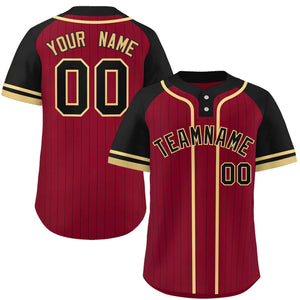 Custom Crimson Black-Khaki Stripe Fashion Raglan Sleeves Authentic Two-Button Baseball Jersey