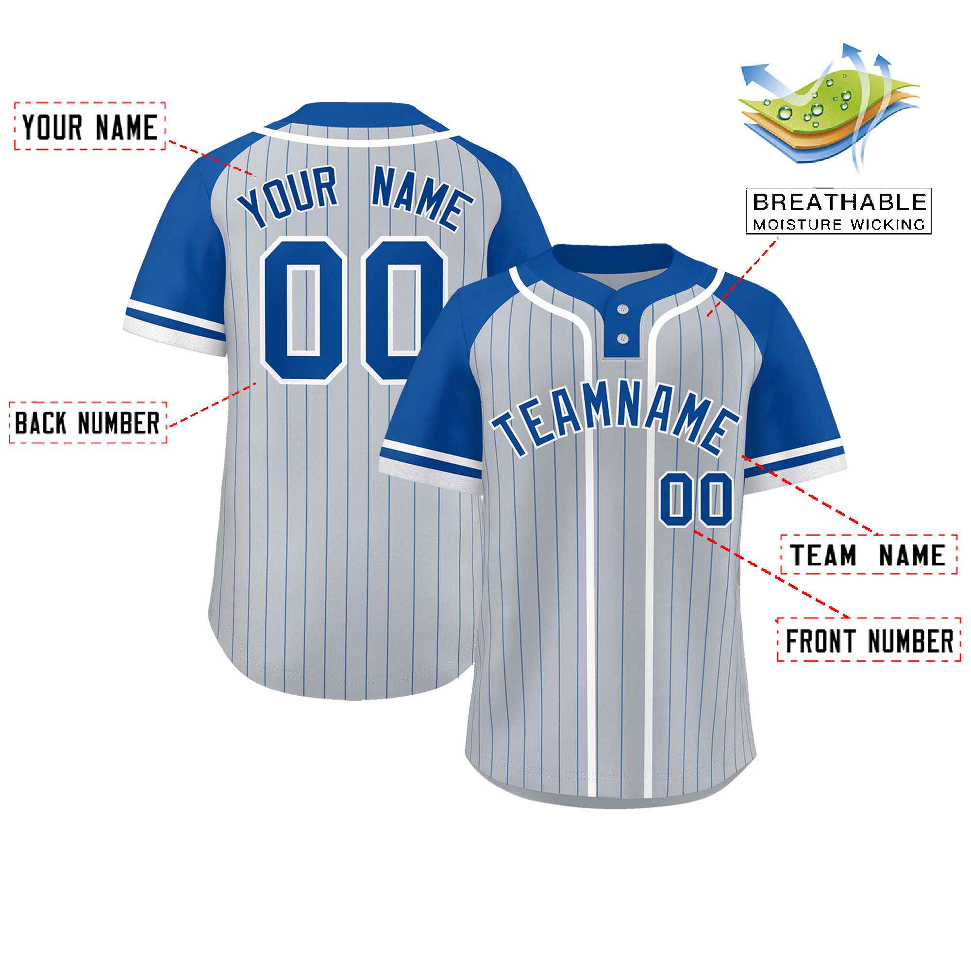 Custom Gray Royal-White Stripe Fashion Raglan Sleeves Authentic Two-Button Baseball Jersey