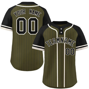 Custom Olive Black-Cream Stripe Fashion Raglan Sleeves Authentic Two-Button Baseball Jersey