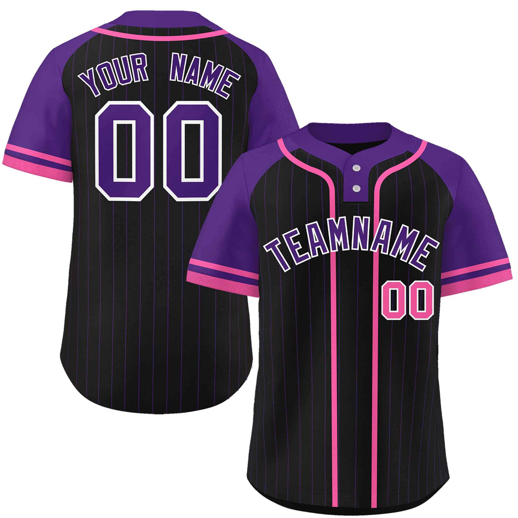 Custom Black Purple-Pink Stripe Fashion Raglan Sleeves Authentic Two-Button Baseball Jersey