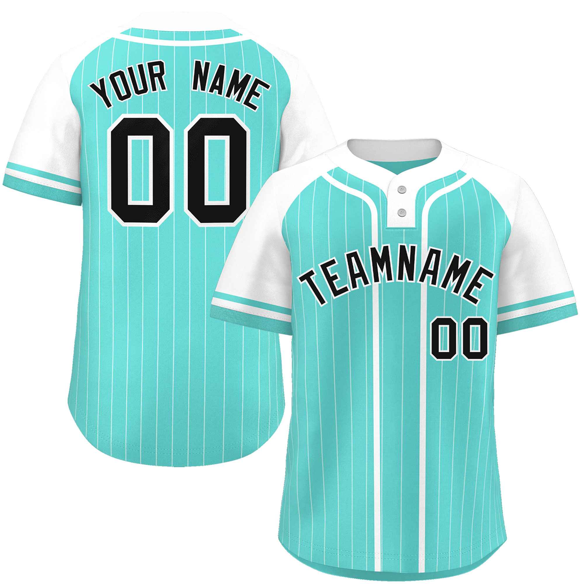 Custom Aqua White Stripe Fashion Raglan Sleeves Authentic Two-Button Baseball Jersey