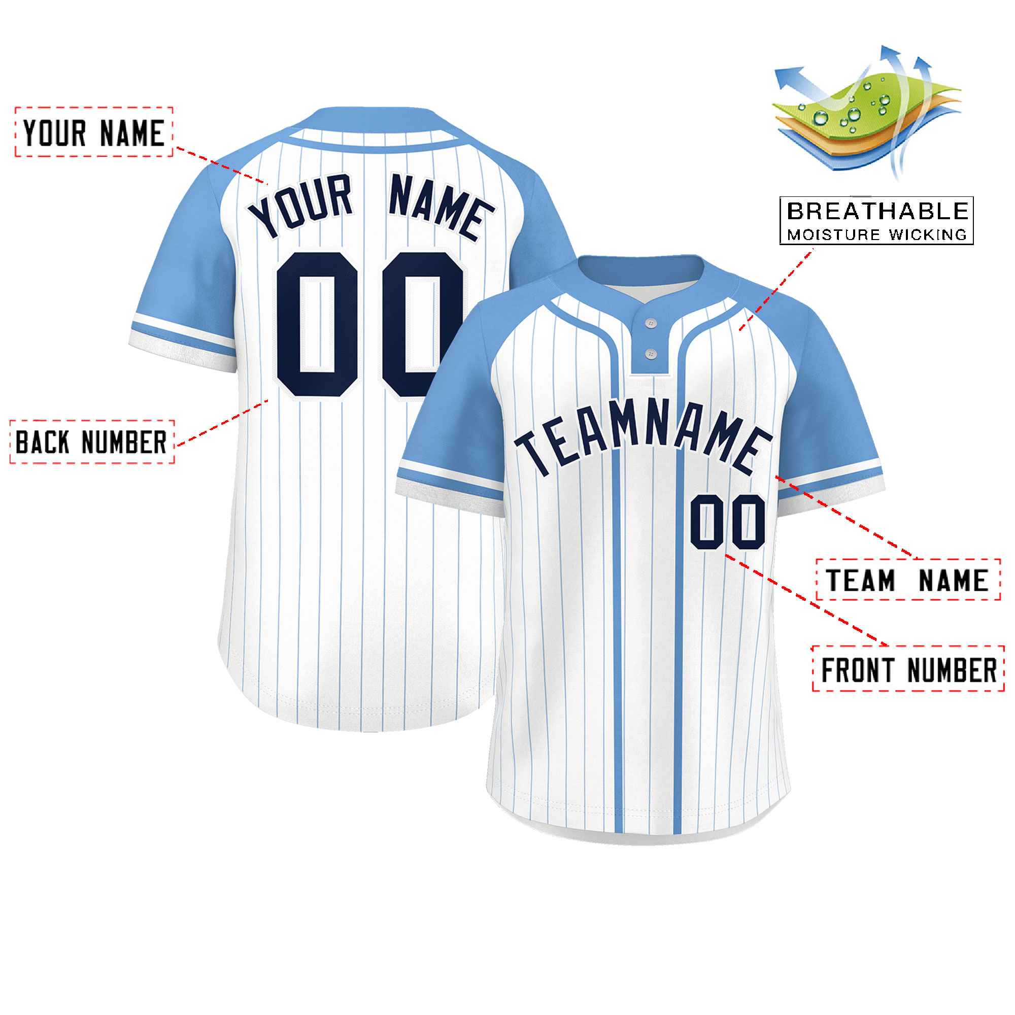 Custom White Light Blue Stripe Fashion Raglan Sleeves Authentic Two-Button Baseball Jersey