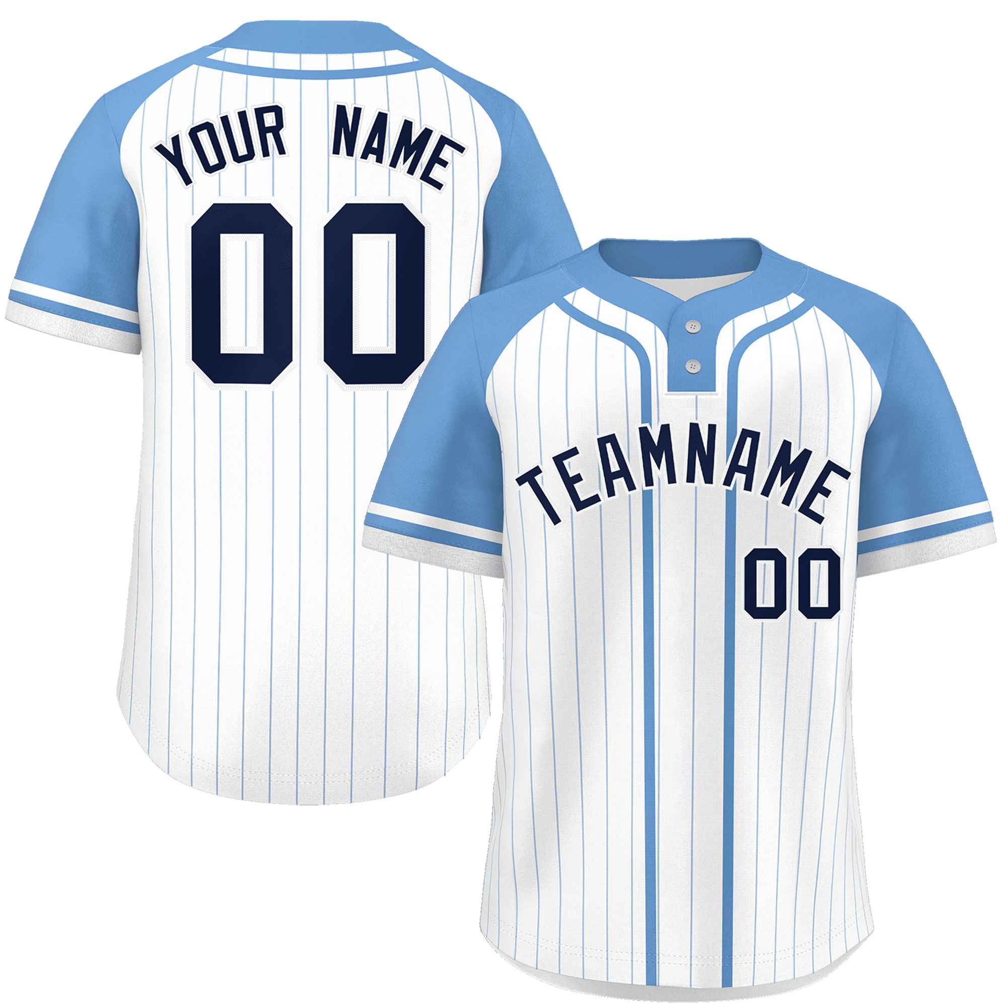 Custom White Light Blue Stripe Fashion Raglan Sleeves Authentic Two-Button Baseball Jersey